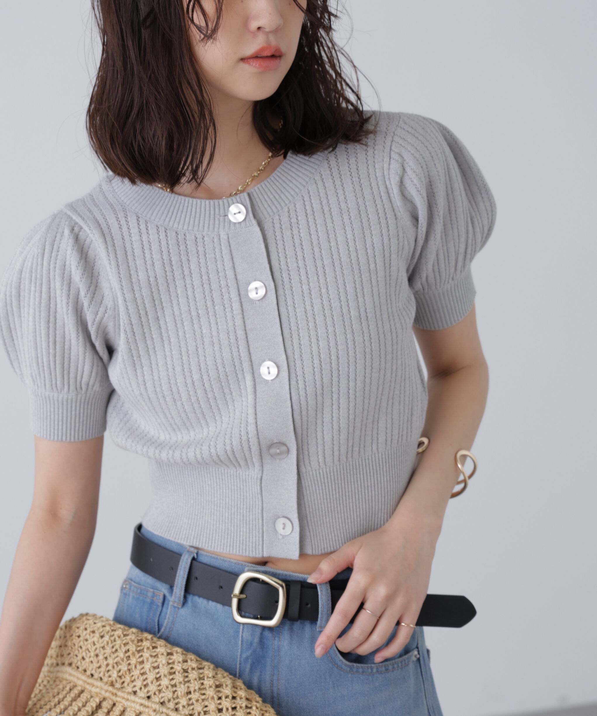  「透かし編み前後2wayカーディガン」|ニット・セーター|グレー