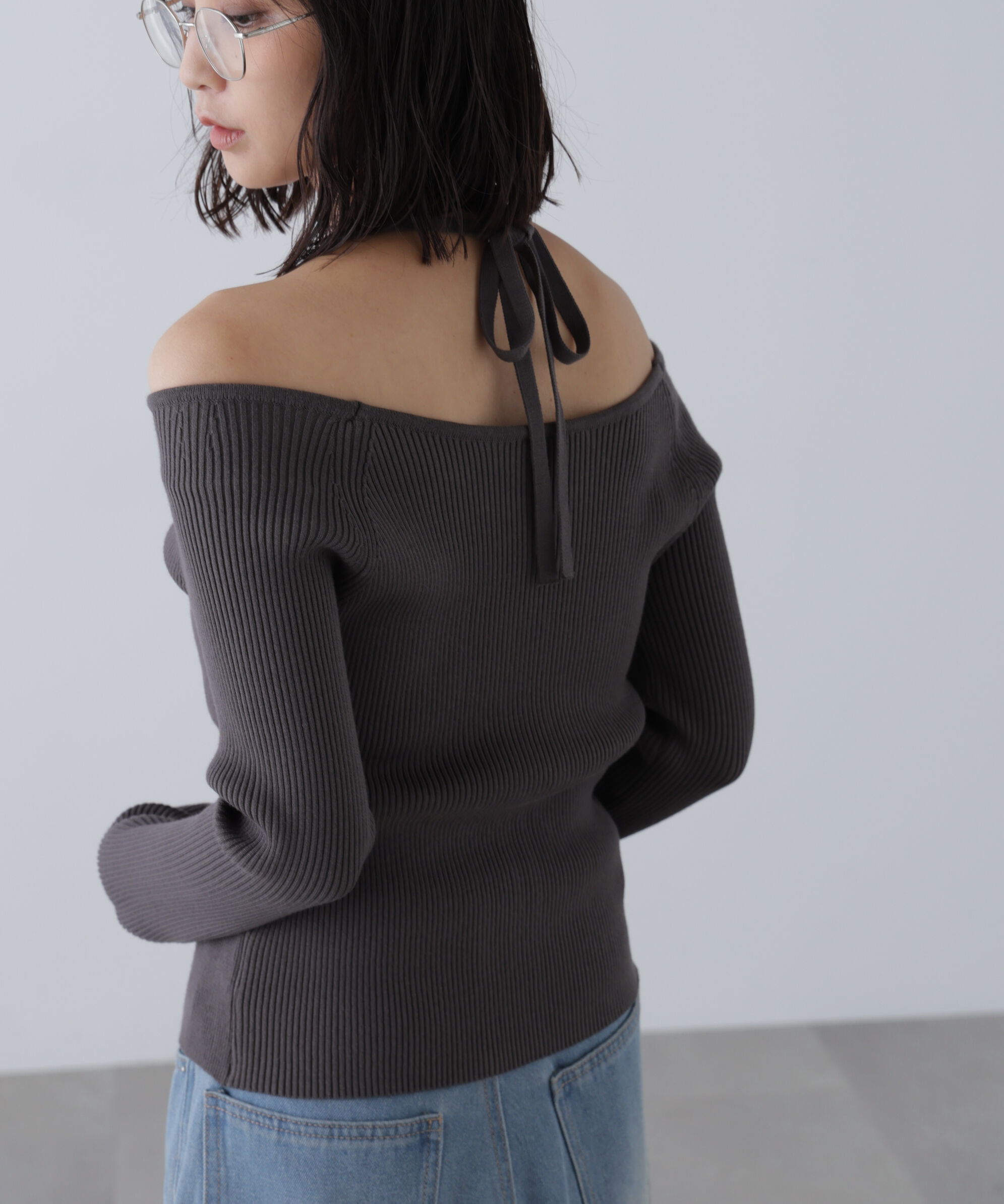  「ジップアップオフショルダーリブニット」|ニット・セーター|