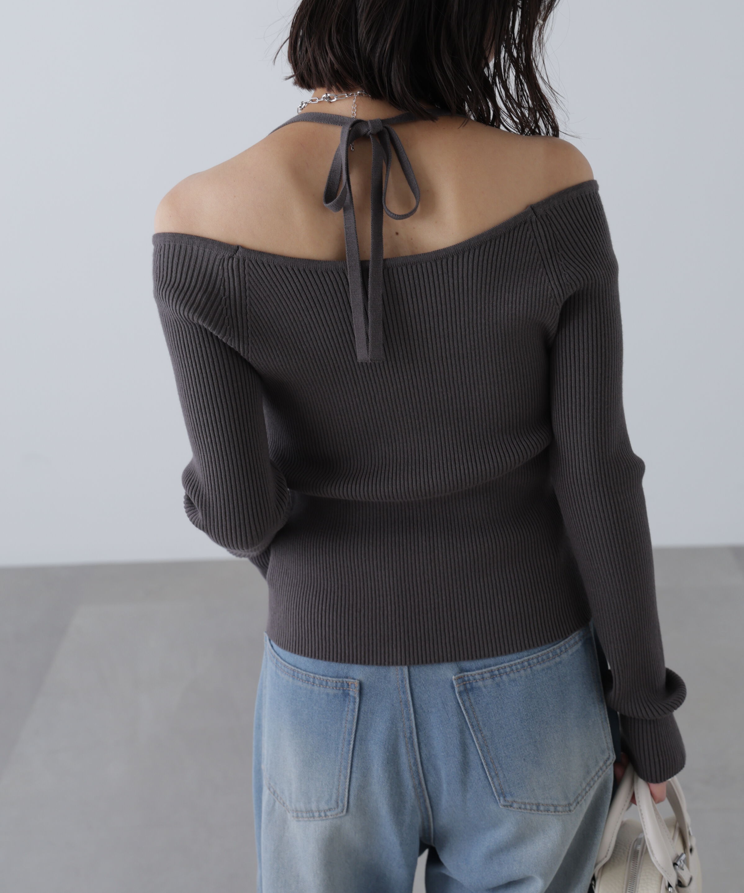  「ジップアップオフショルダーリブニット」|ニット・セーター|