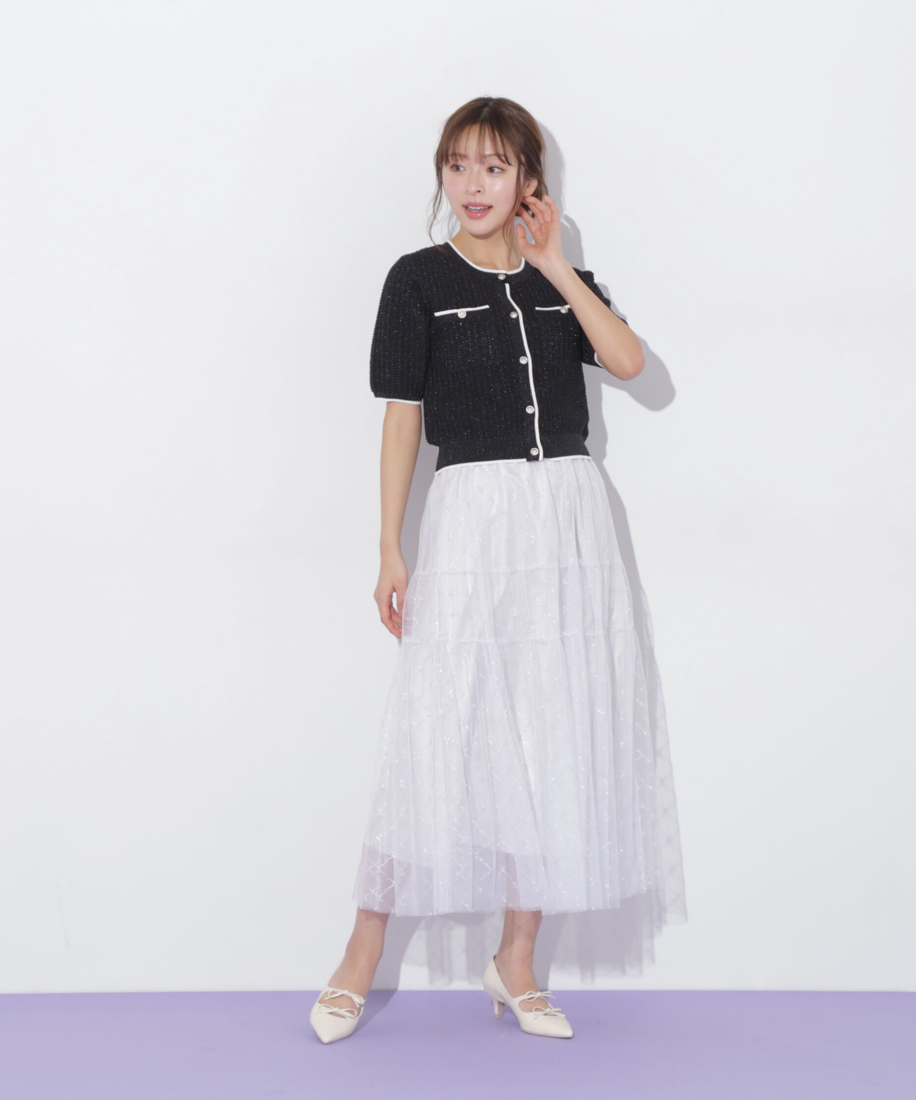  「半袖ツイードニットカーディガン」|ニット・セーター|