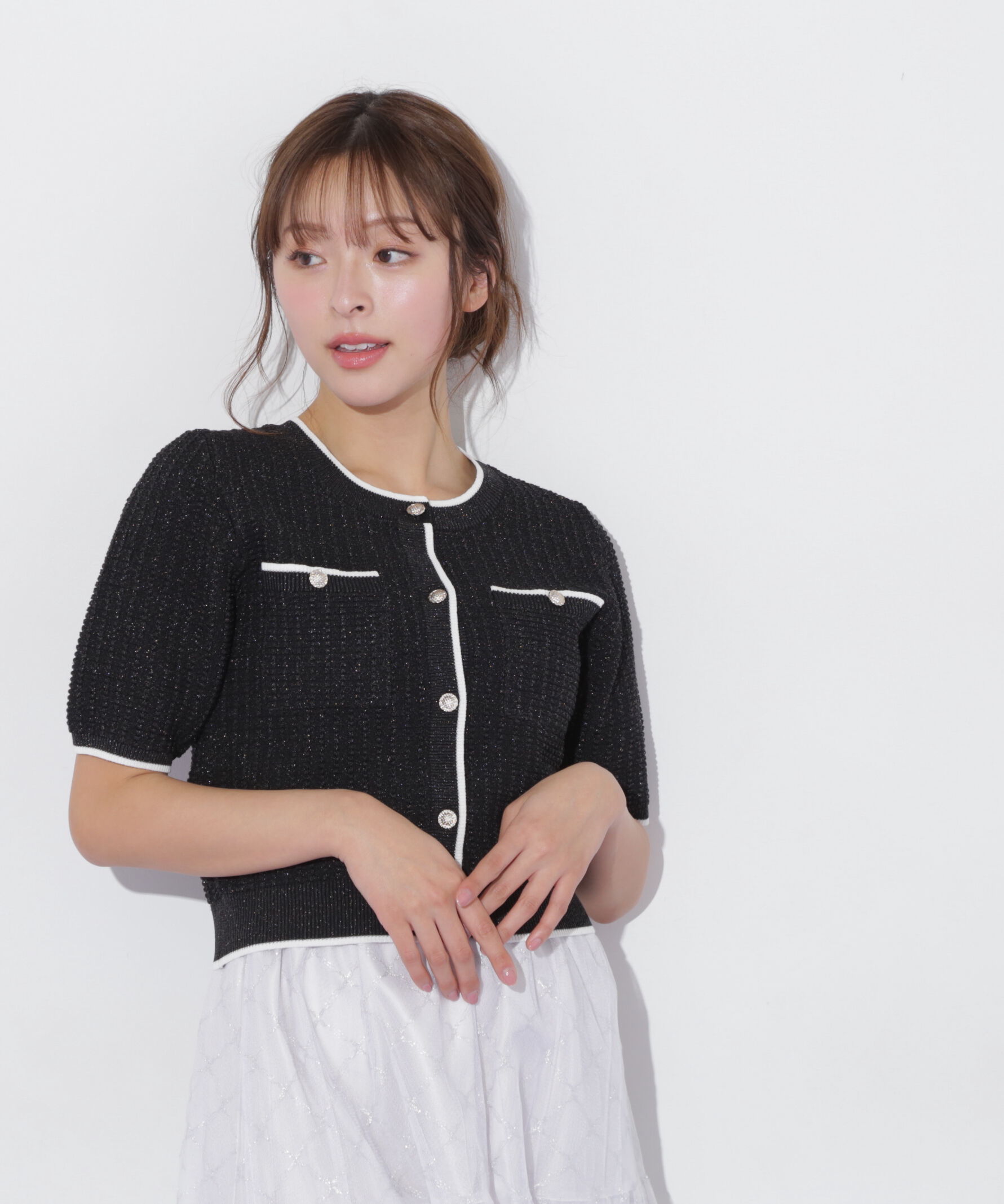  「半袖ツイードニットカーディガン」|ニット・セーター|