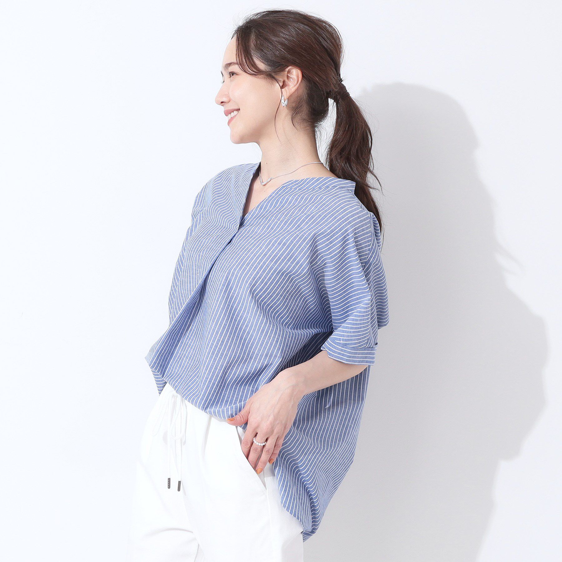 SHOO･LA･RUE「【高レビュー/洗える/UV/吸水速乾】洗濯後しわになりにくいリネンブレンドドルマンシャツ」|シャツ・ブラウス|