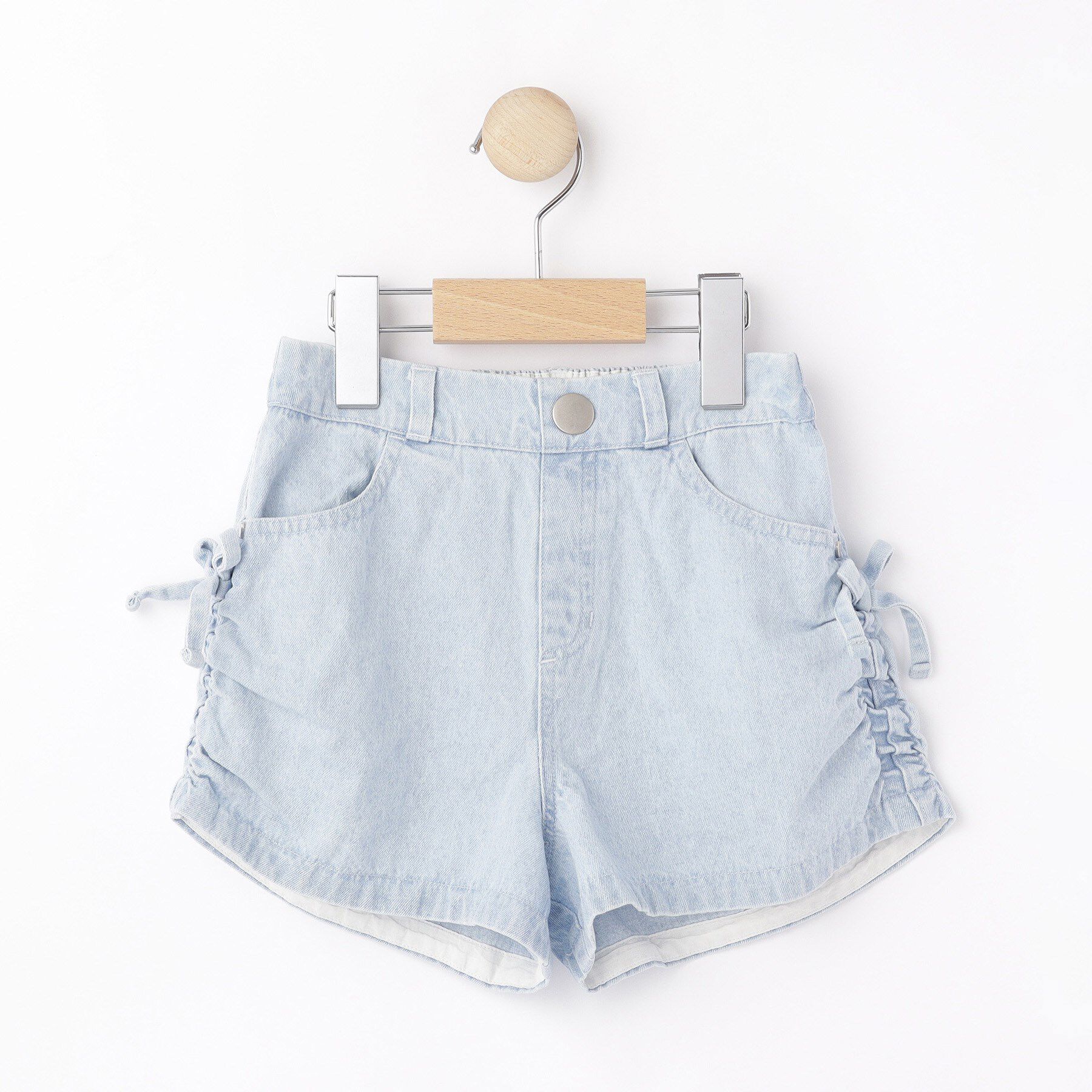 SHOO･LA･RUE「【100-150cm】シャーリングがポイント ケミカルデニムショートパンツ」|キュロット|
