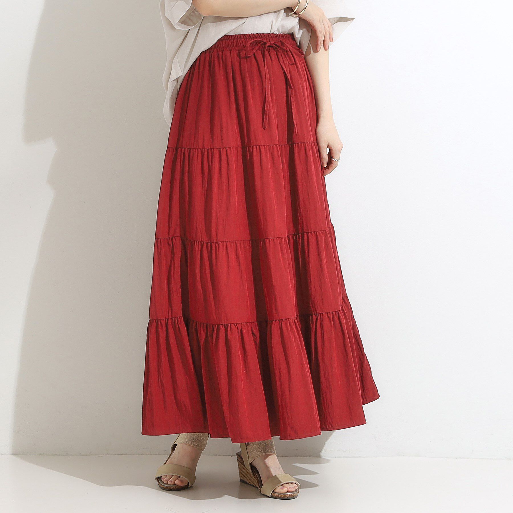 SHOO･LA･RUE「【洗える/S-LL】微光沢で華やかなティアードスカート」|スカート|