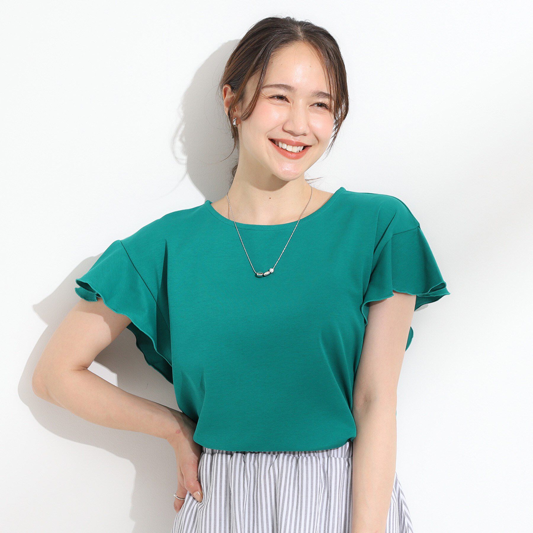 SHOO･LA･RUE「【汗ジミ防止/ひんやり/UV】フリルスリーブTシャツ」|Tシャツ・カットソー|