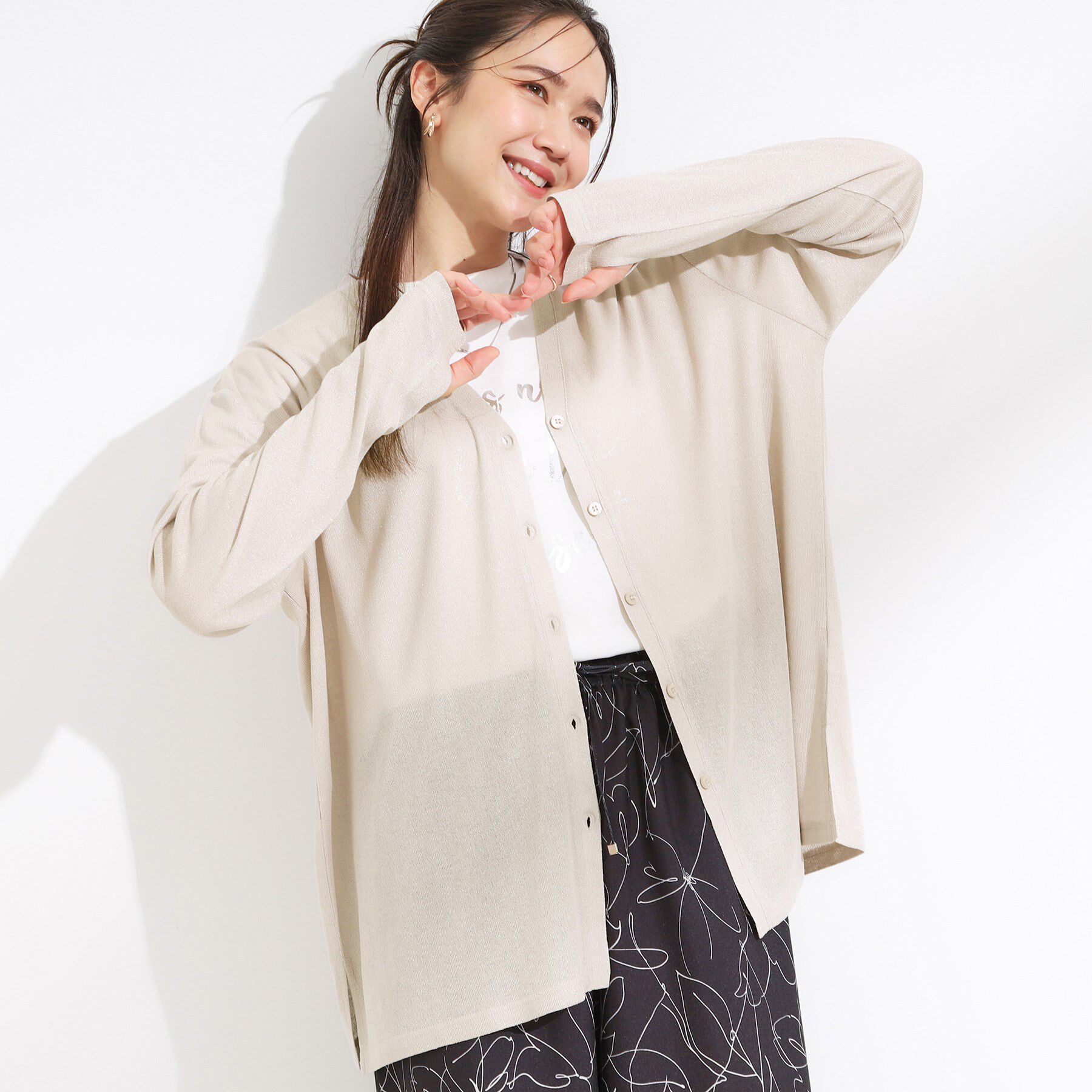 SHOO･LA･RUE「【S-LL/ひんやり/UV】手の甲まで隠れる トッパーカーディガン」|カーディガン|グレージュ(050)