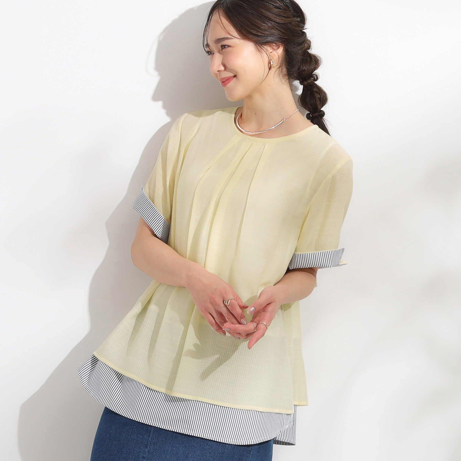 SHOO･LA･RUE「【洗える/S-LL】着るだけでコーデが決まる 裾レイヤードトップス」|Tシャツ・カットソー|ライトイエロー(03