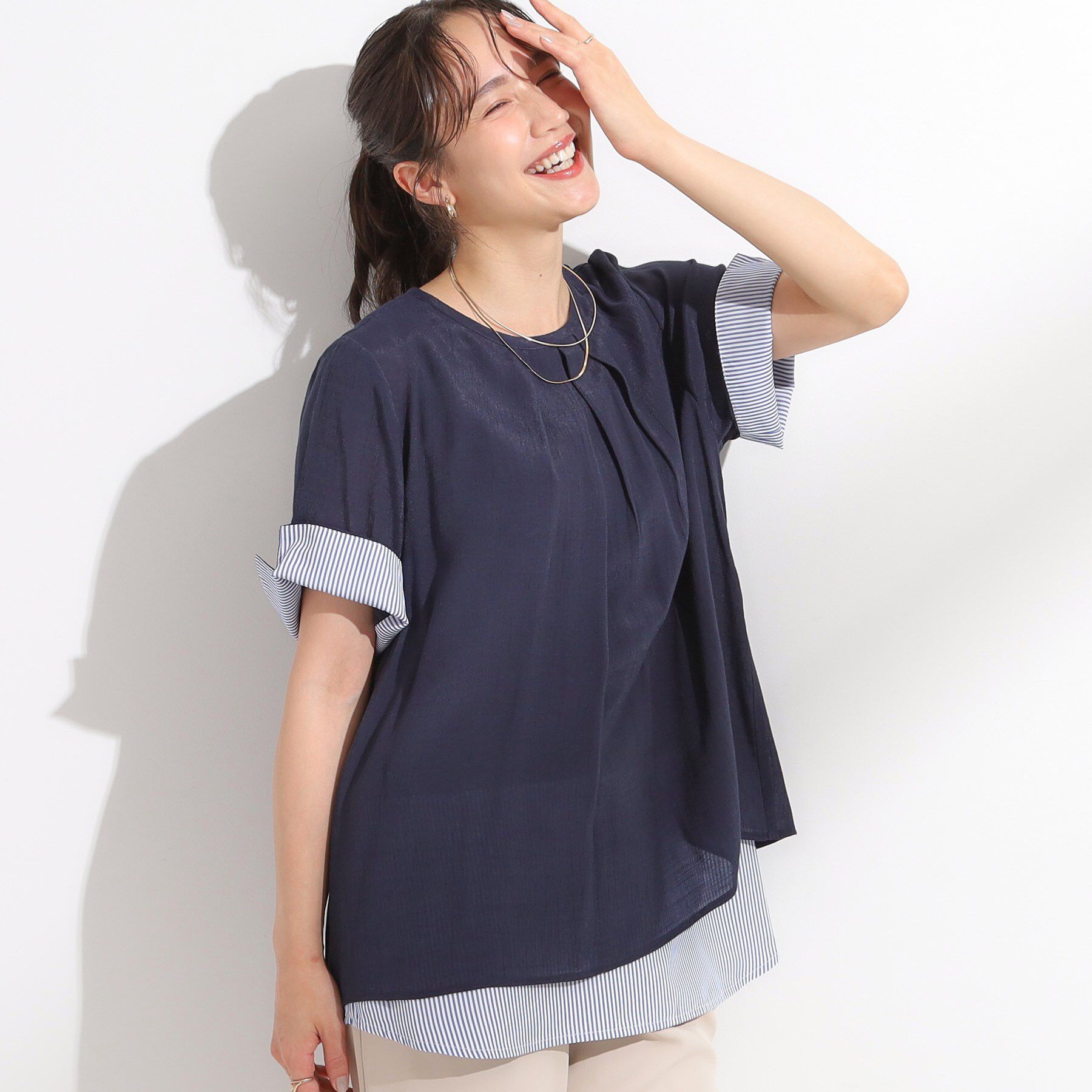 SHOO･LA･RUE「【洗える/S-LL】着るだけでコーデが決まる 裾レイヤードトップス」|Tシャツ・カットソー|ネイビー(094)