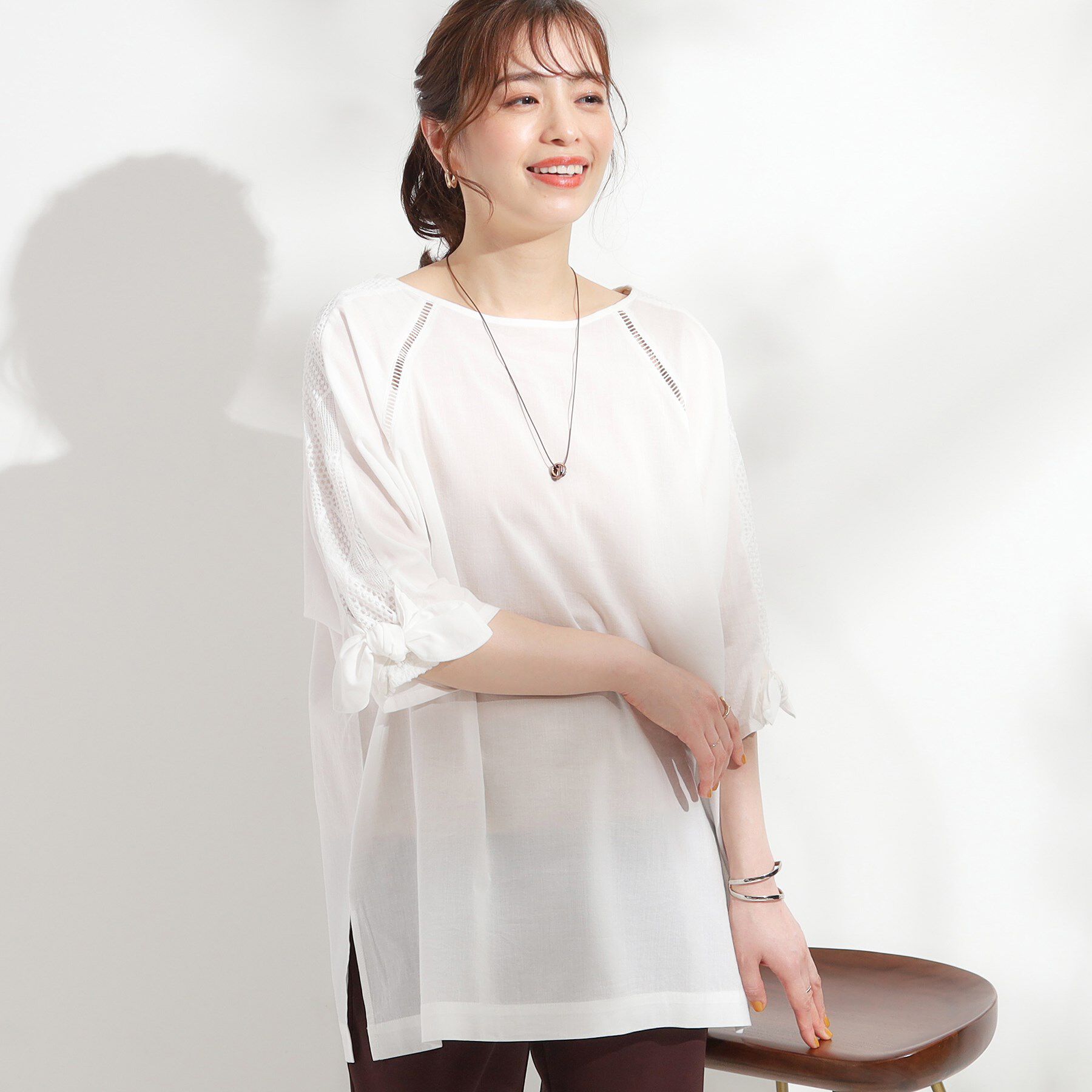 SHOO･LA･RUE「【S-LL】お袖デザインが華やか はしごレースチュニック」|チュニック|オフホワイト(003