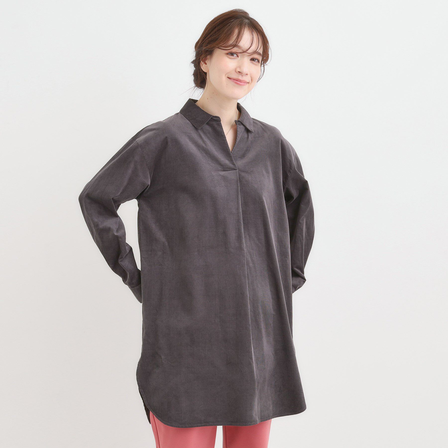 SHOO･LA･RUE「【洗濯機可/S-LL】すっきり見えにこだわった コーデュロイチュニックワンピース」|チュニック|