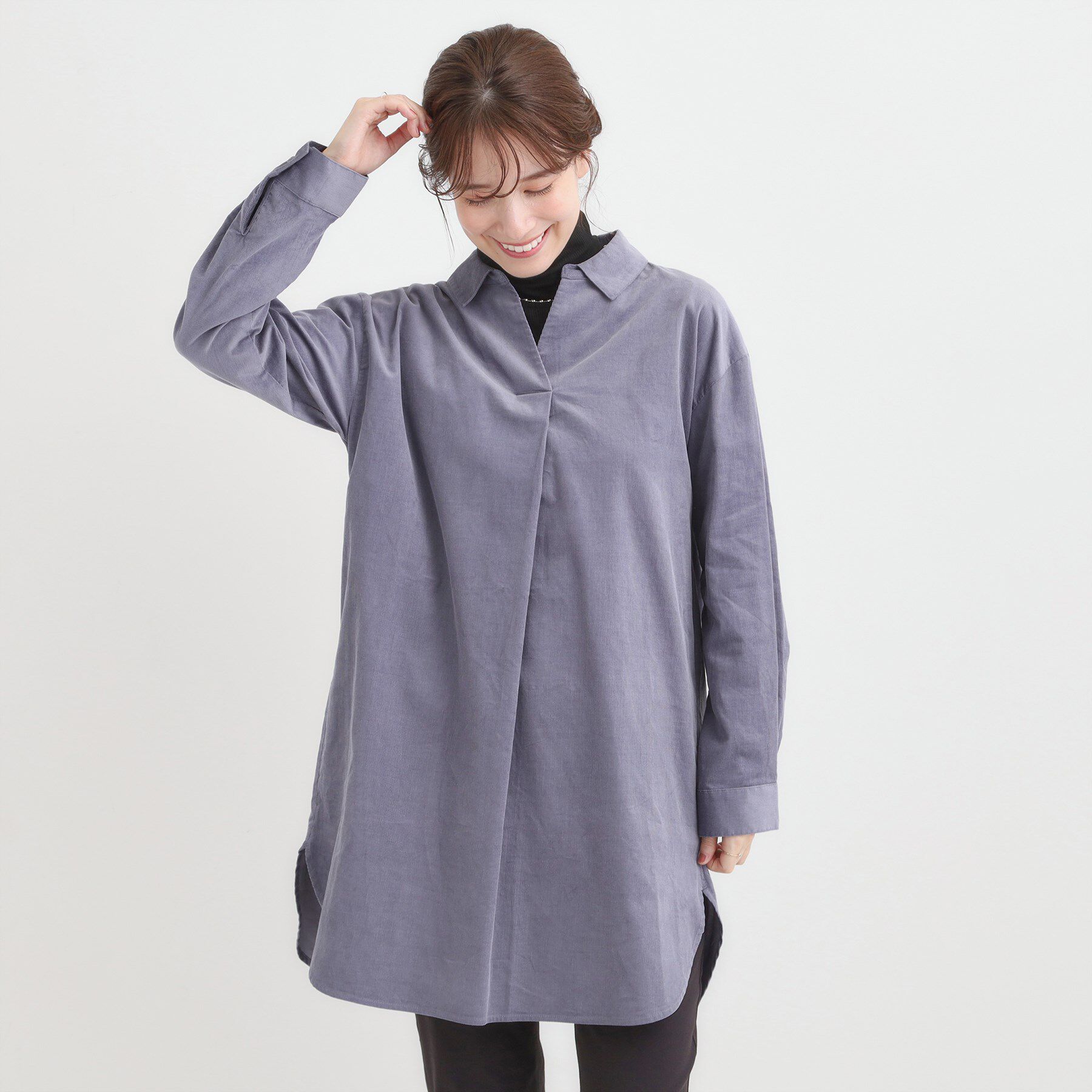 SHOO･LA･RUE「【洗濯機可/S-LL】すっきり見えにこだわった コーデュロイチュニックワンピース」|チュニック|