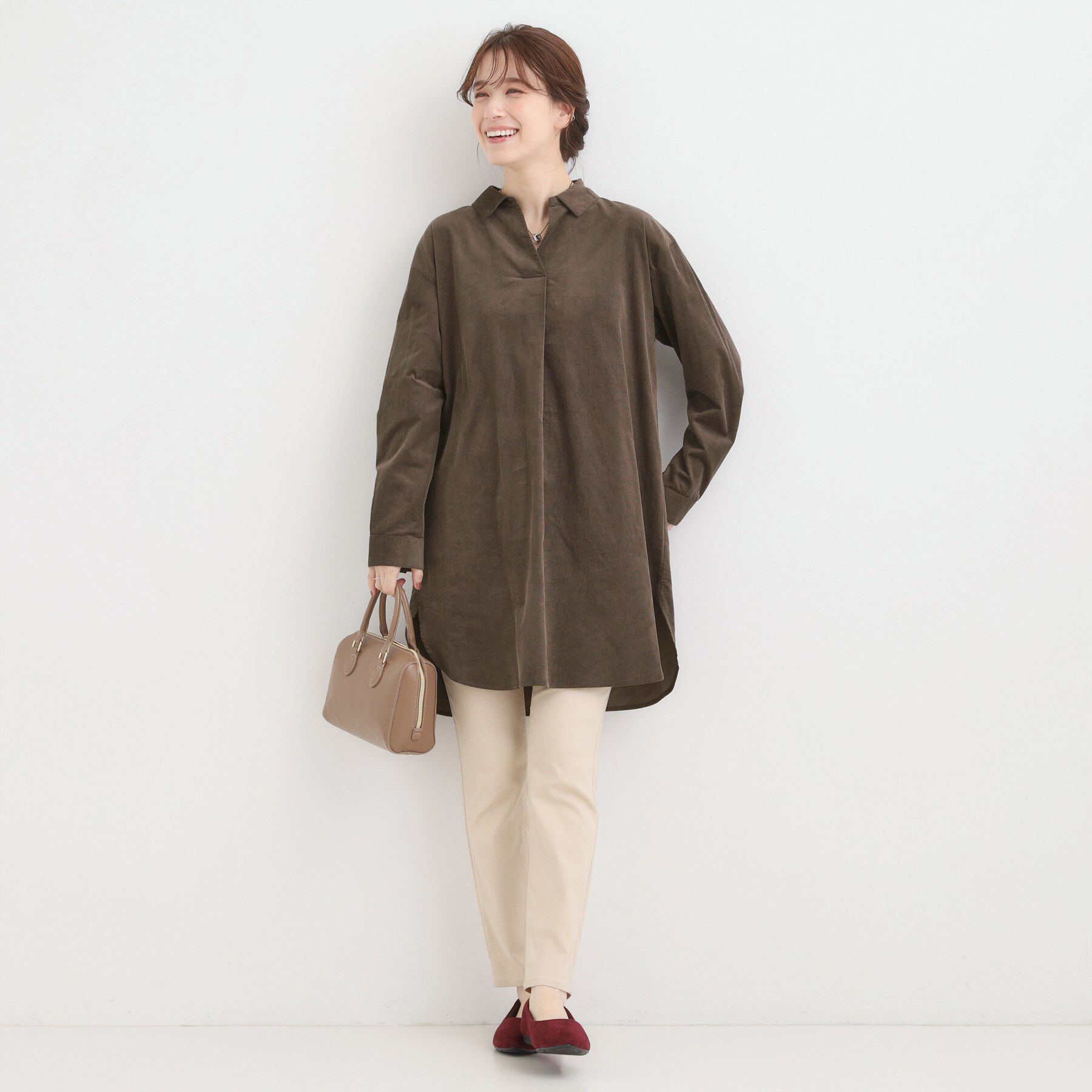 SHOO･LA･RUE「【洗濯機可/S-LL】すっきり見えにこだわった コーデュロイチュニックワンピース」|チュニック|