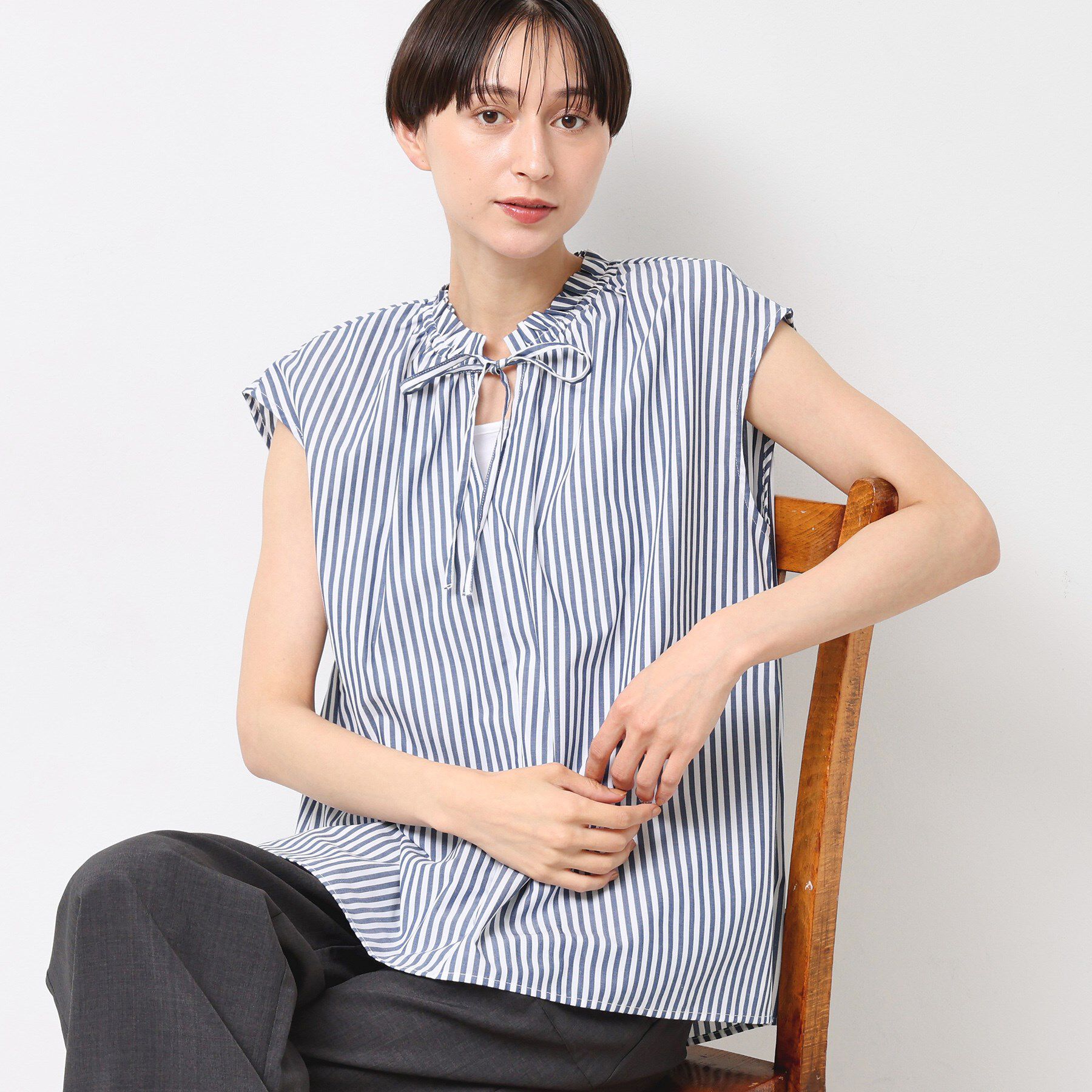 Dessin「【洗える】ストライプ柄フレンチスリーブスキッパ―ブラウス」|シャツ・ブラウス|