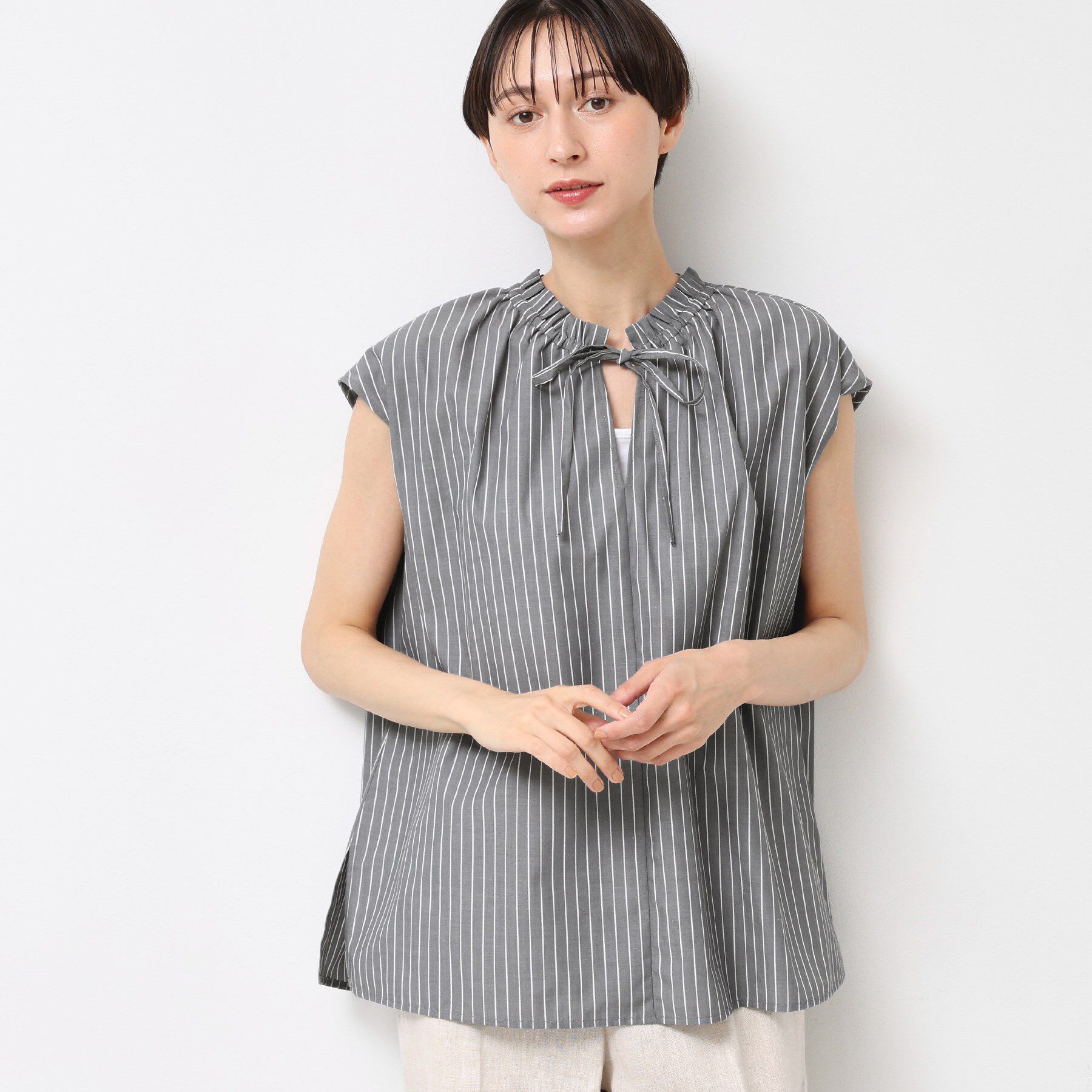 Dessin「【洗える】ストライプ柄フレンチスリーブスキッパ―ブラウス」|シャツ・ブラウス|