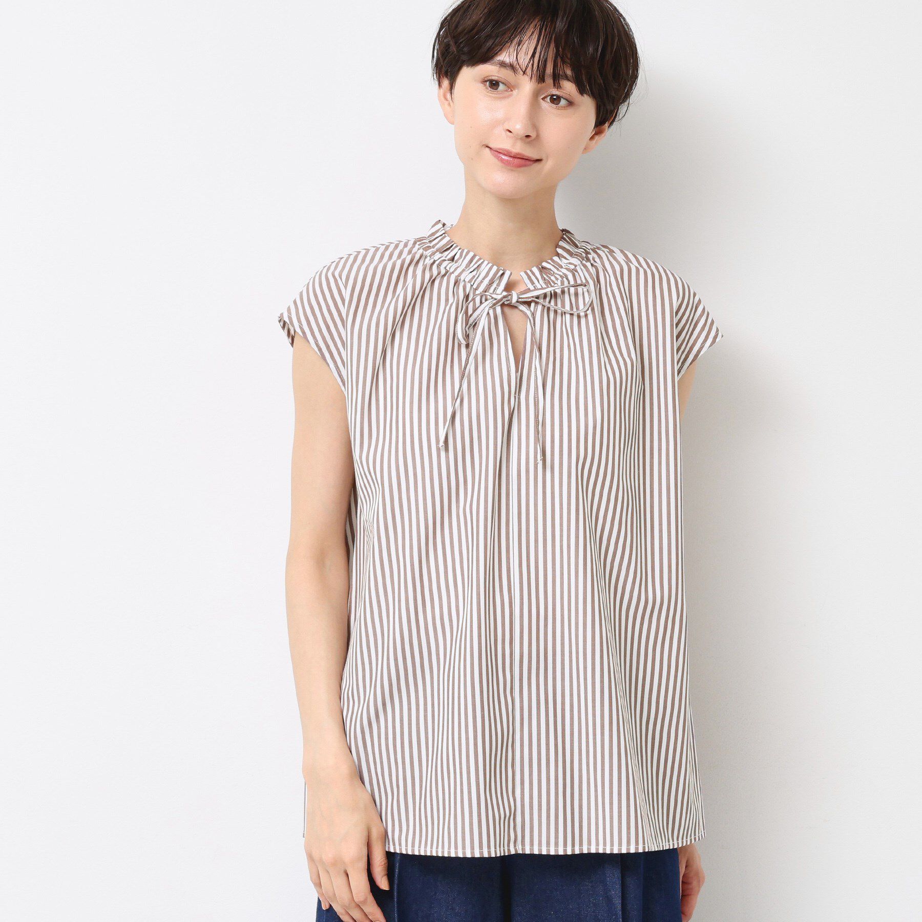 Dessin「【洗える】ストライプ柄フレンチスリーブスキッパ―ブラウス」|シャツ・ブラウス|