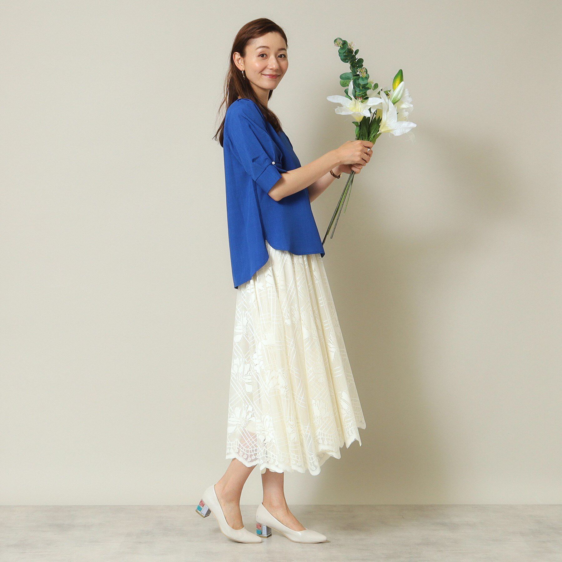 ITS&rsquo;DEMO「【UVカット／吸水速乾／冷感／マシンウォッシャブル】麻調合繊袖パール調ブラウス」|シャツ・ブラウス|