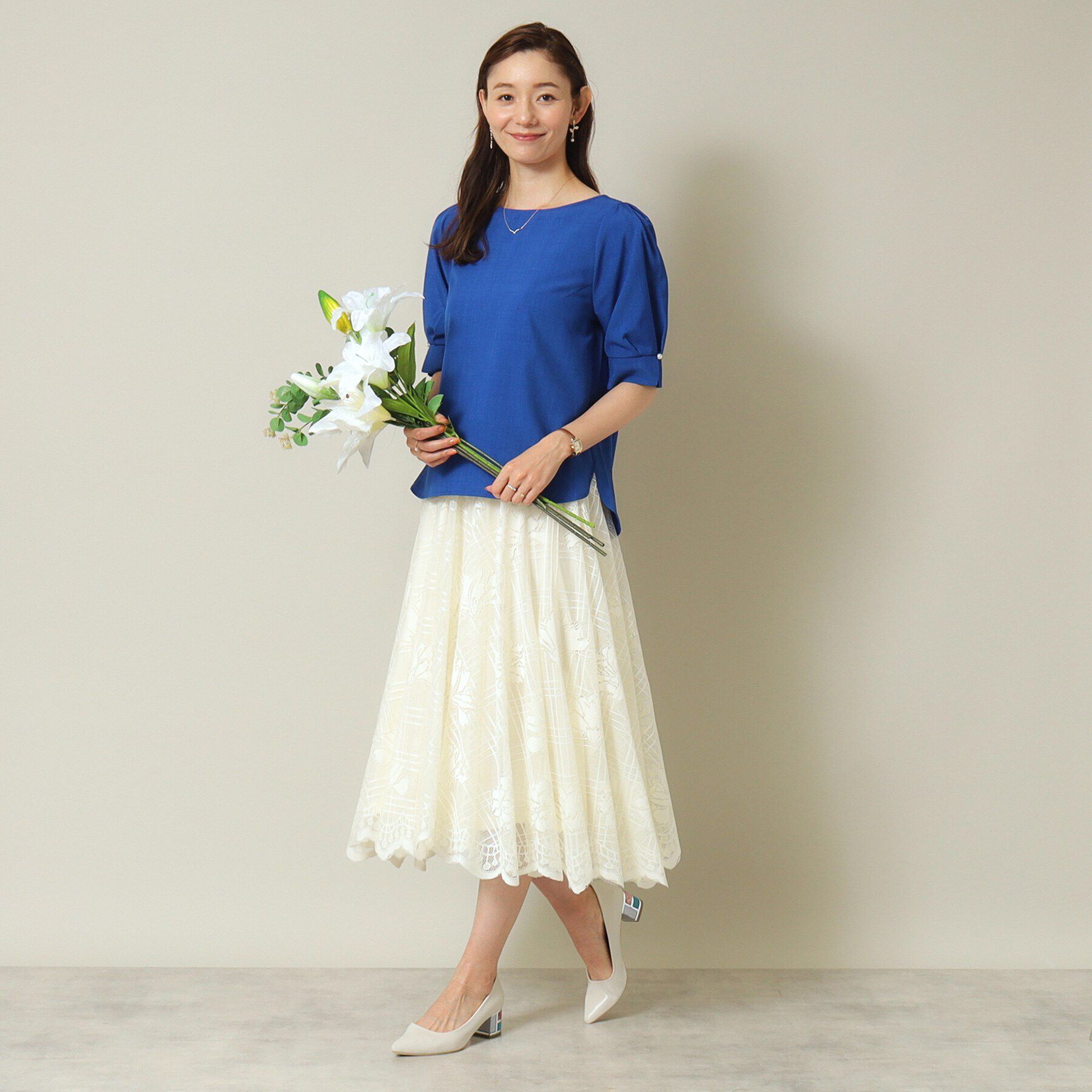 ITS&rsquo;DEMO「【UVカット／吸水速乾／冷感／マシンウォッシャブル】麻調合繊袖パール調ブラウス」|シャツ・ブラウス|