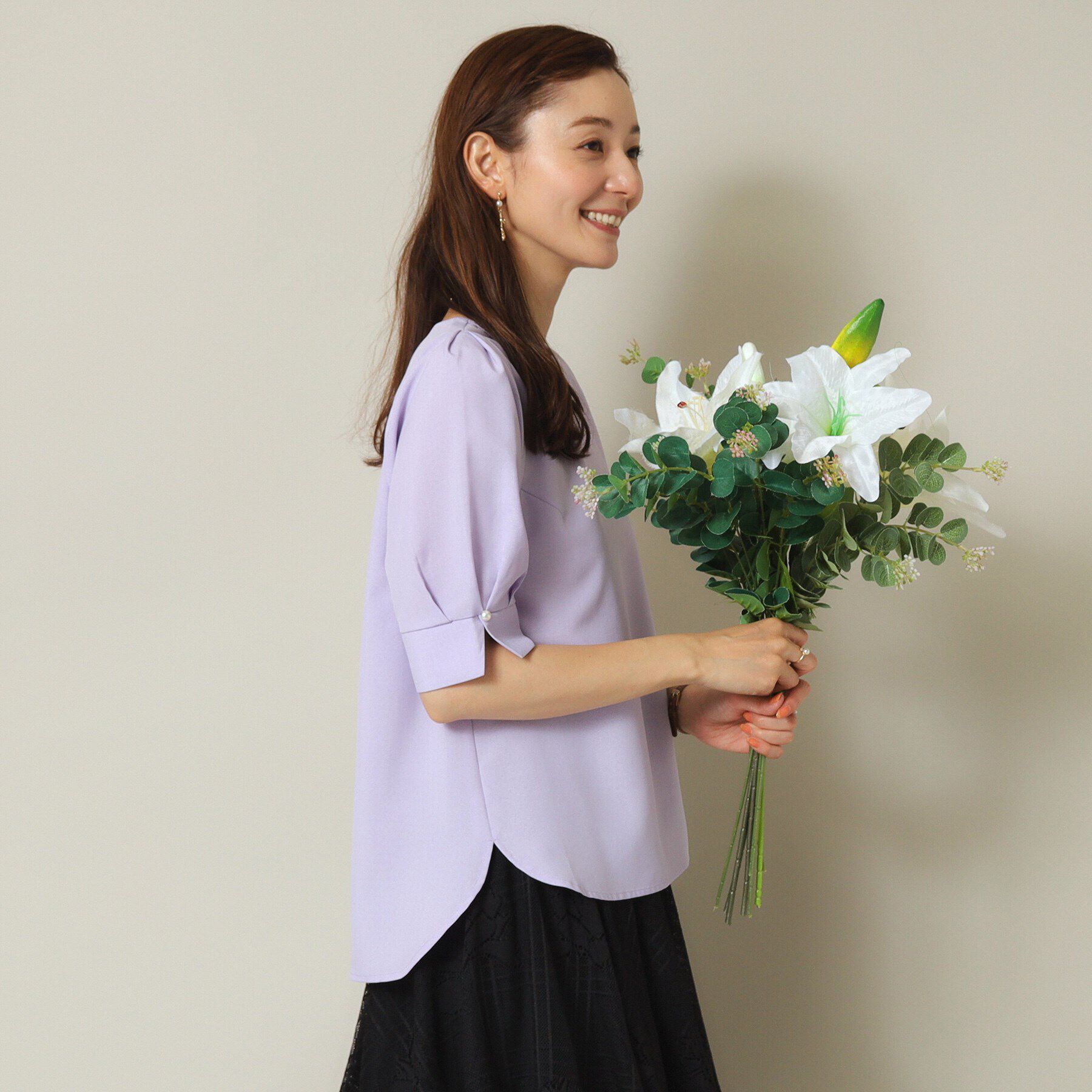 ITS&rsquo;DEMO「【UVカット／吸水速乾／冷感／マシンウォッシャブル】麻調合繊袖パール調ブラウス」|シャツ・ブラウス|