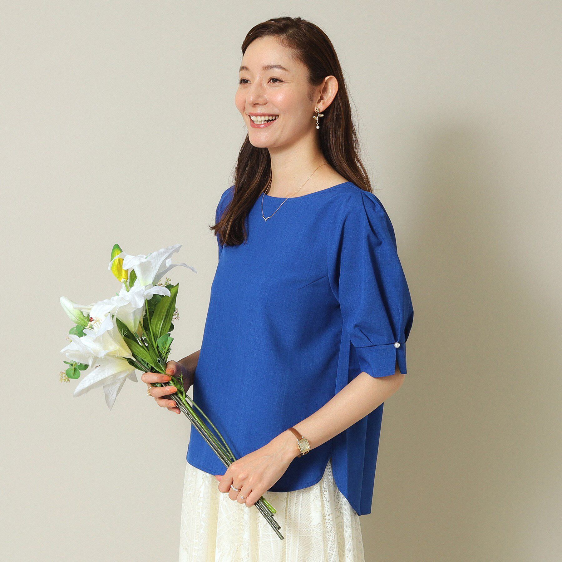 ITS&rsquo;DEMO「【UVカット／吸水速乾／冷感／マシンウォッシャブル】麻調合繊袖パール調ブラウス」|シャツ・ブラウス|