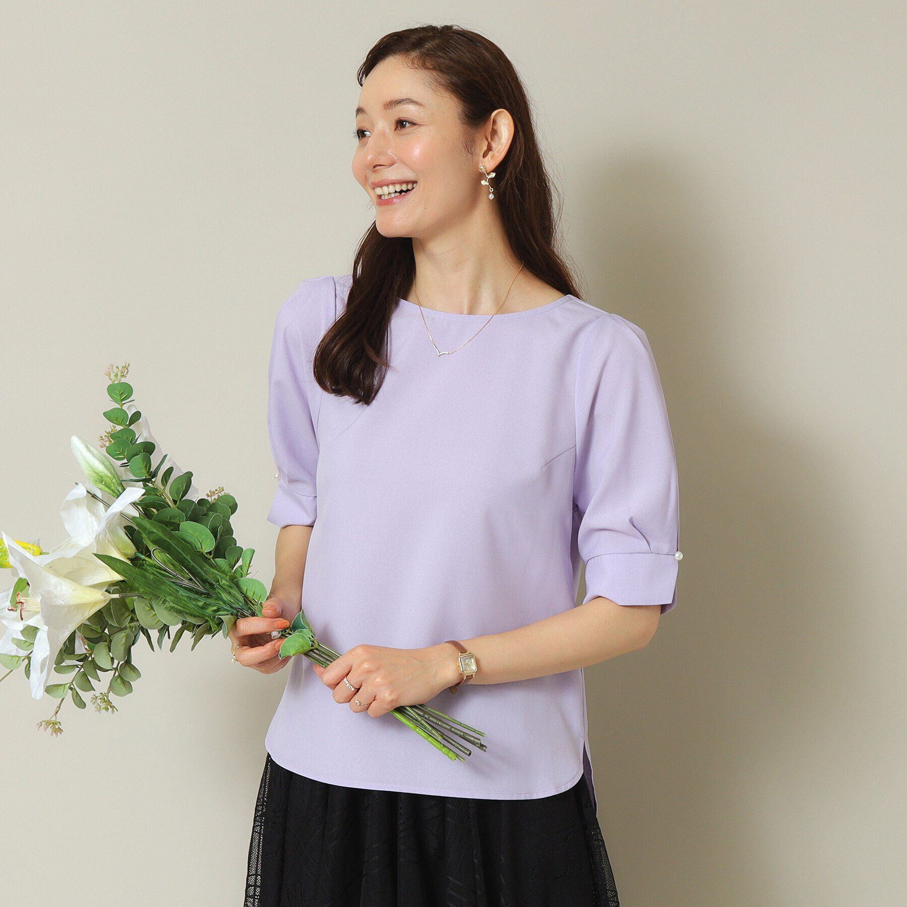 ITS&rsquo;DEMO「【UVカット／吸水速乾／冷感／マシンウォッシャブル】麻調合繊袖パール調ブラウス」|シャツ・ブラウス|ラベンダー(080)