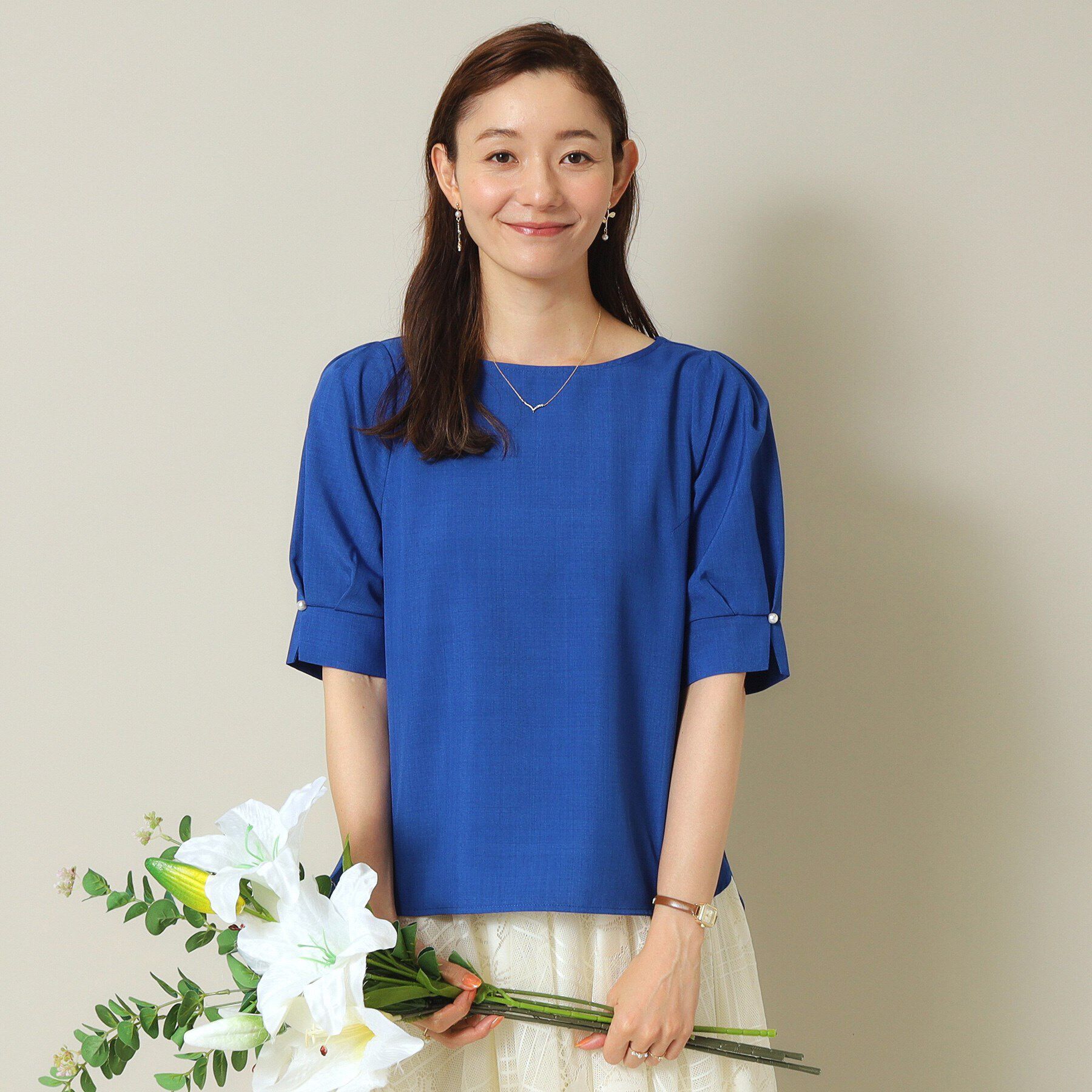 ITS&rsquo;DEMO「【UVカット／吸水速乾／冷感／マシンウォッシャブル】麻調合繊袖パール調ブラウス」|シャツ・ブラウス|ブルー(092)