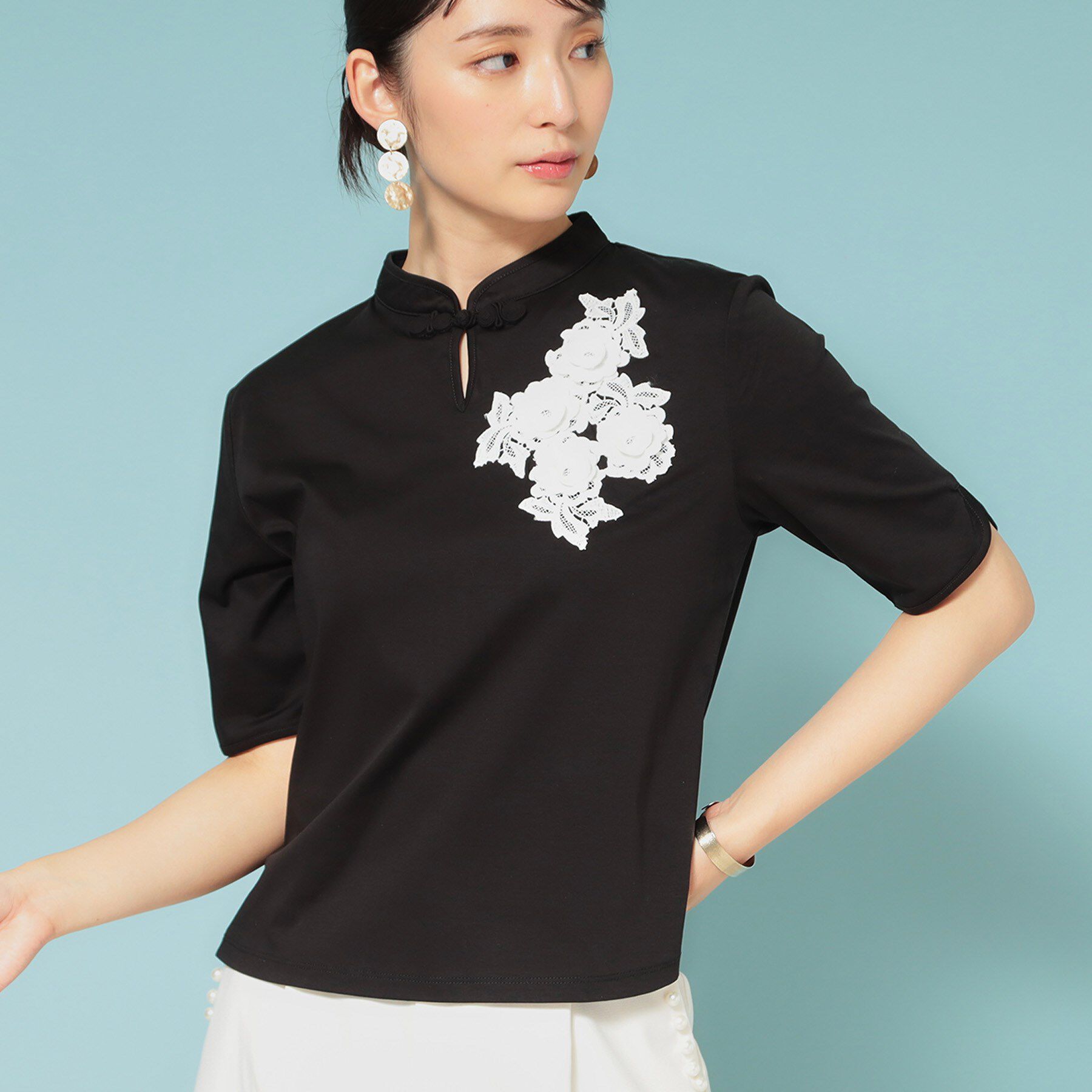 SunaUna「【5分袖／チャイナカラー】半袖プルオーバー」|Tシャツ・カットソー|ブラック(019)