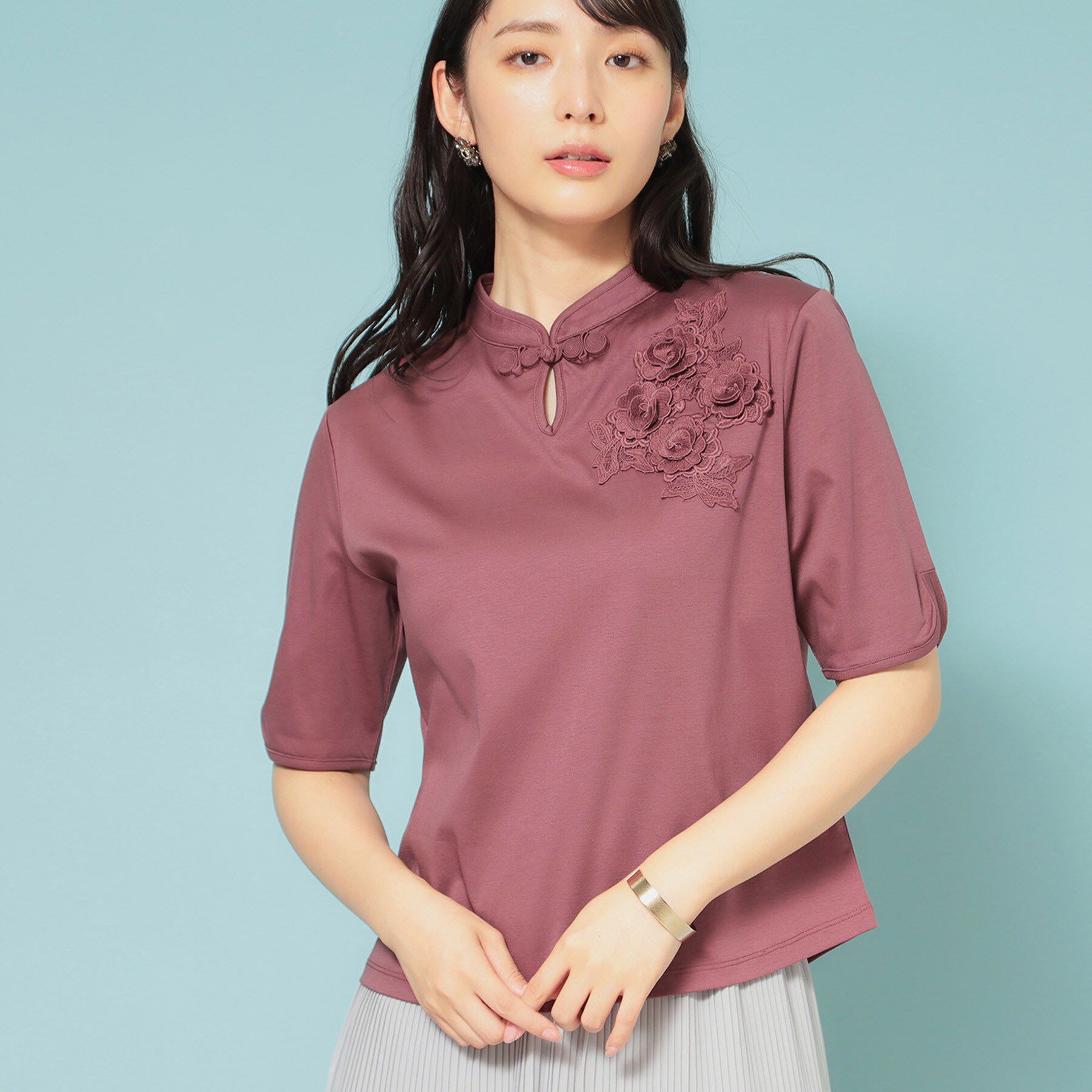 SunaUna「【5分袖／チャイナカラー】半袖プルオーバー」|Tシャツ・カットソー|