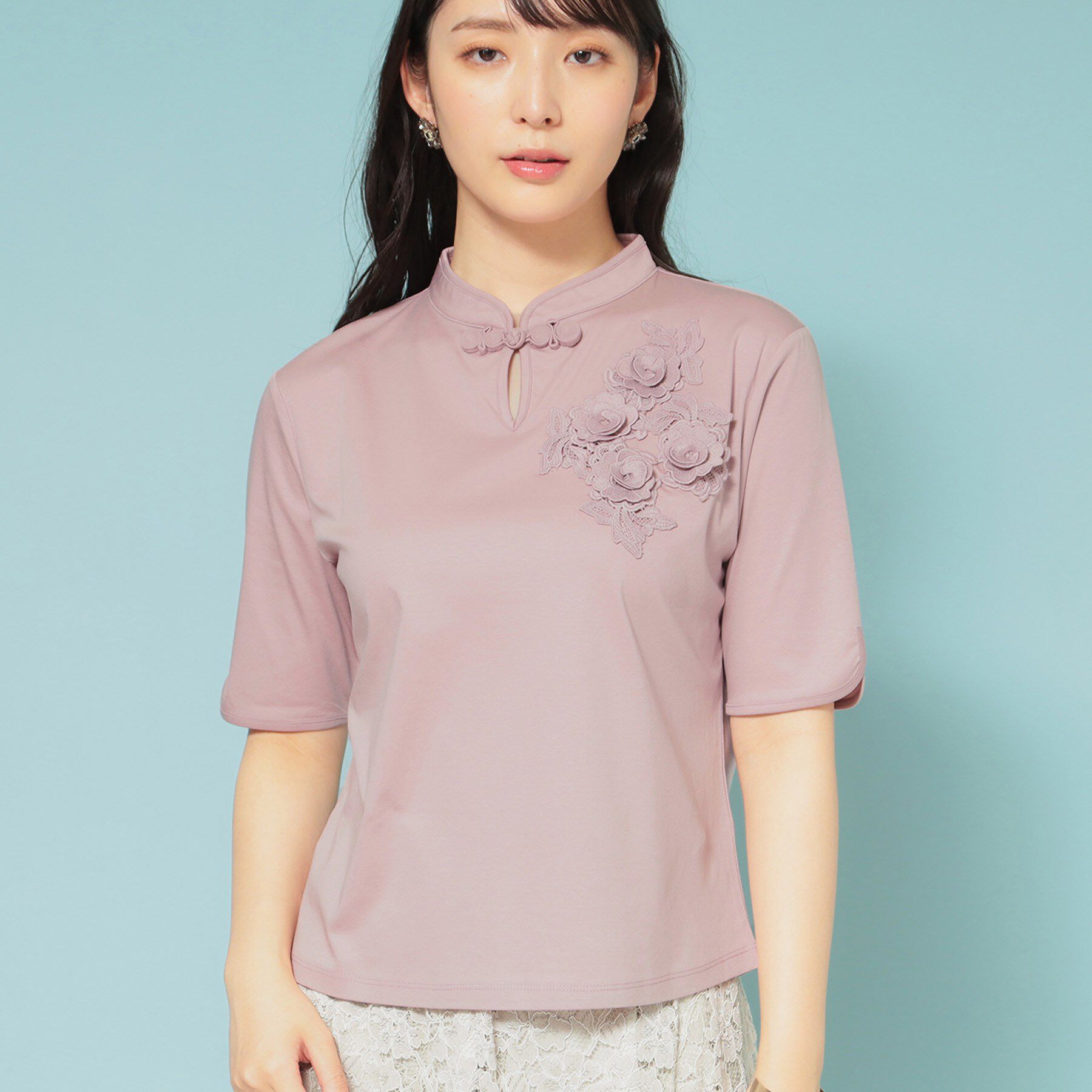 SunaUna「【5分袖／チャイナカラー】半袖プルオーバー」|Tシャツ・カットソー|