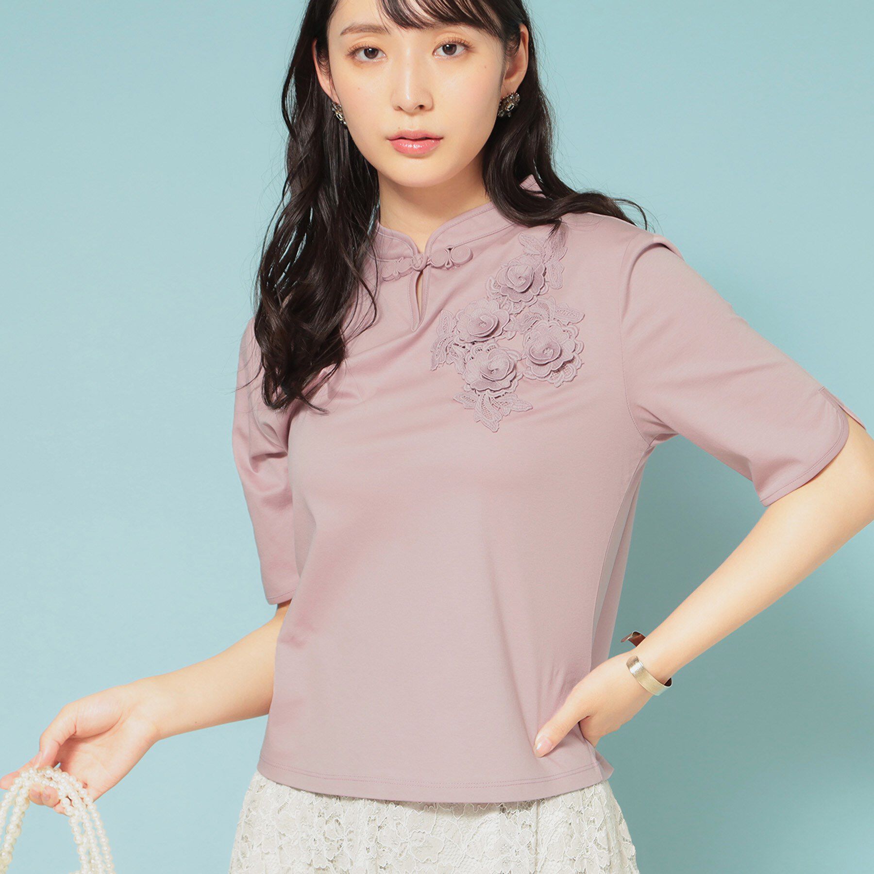 SunaUna「【5分袖／チャイナカラー】半袖プルオーバー」|Tシャツ・カットソー|