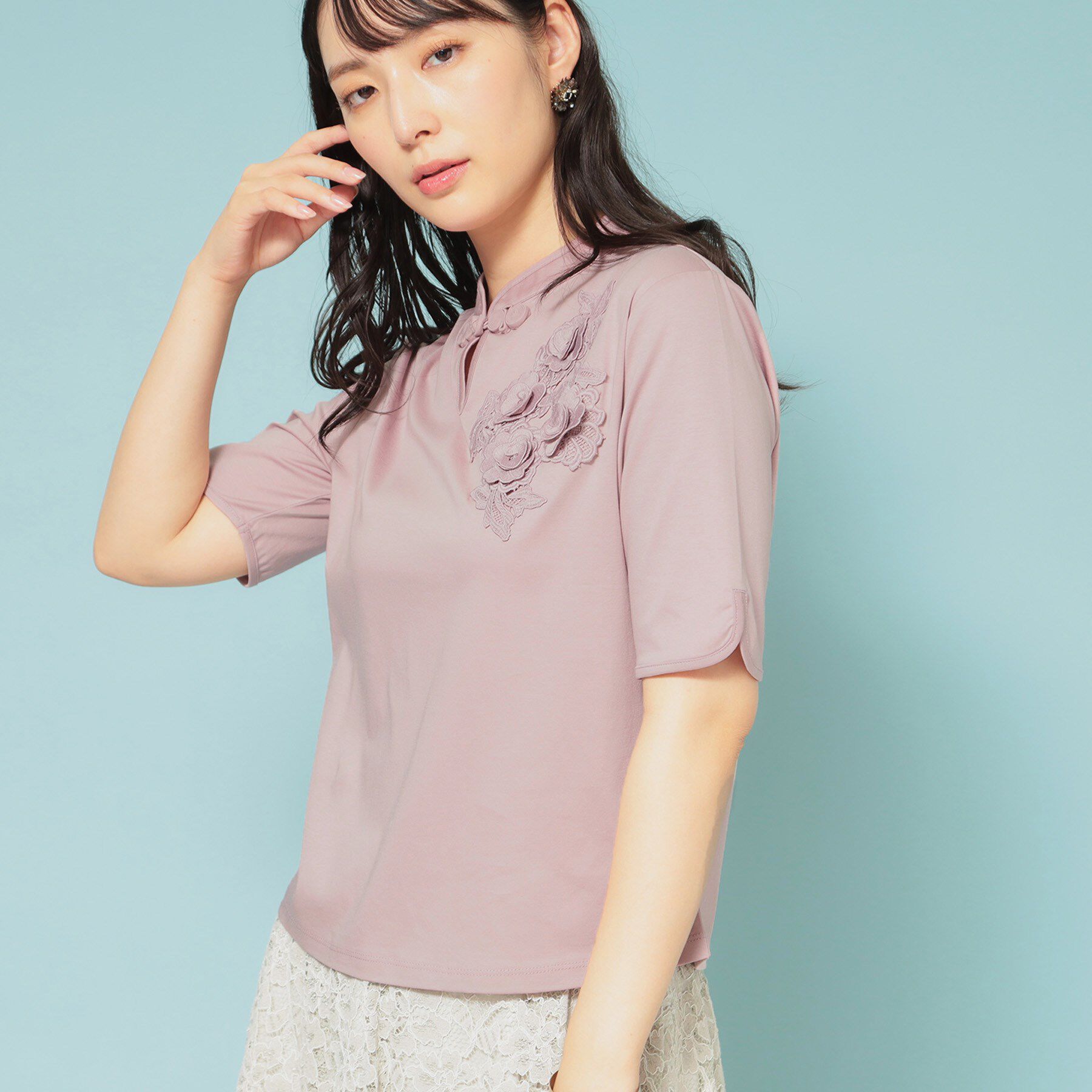 SunaUna「【5分袖／チャイナカラー】半袖プルオーバー」|Tシャツ・カットソー|