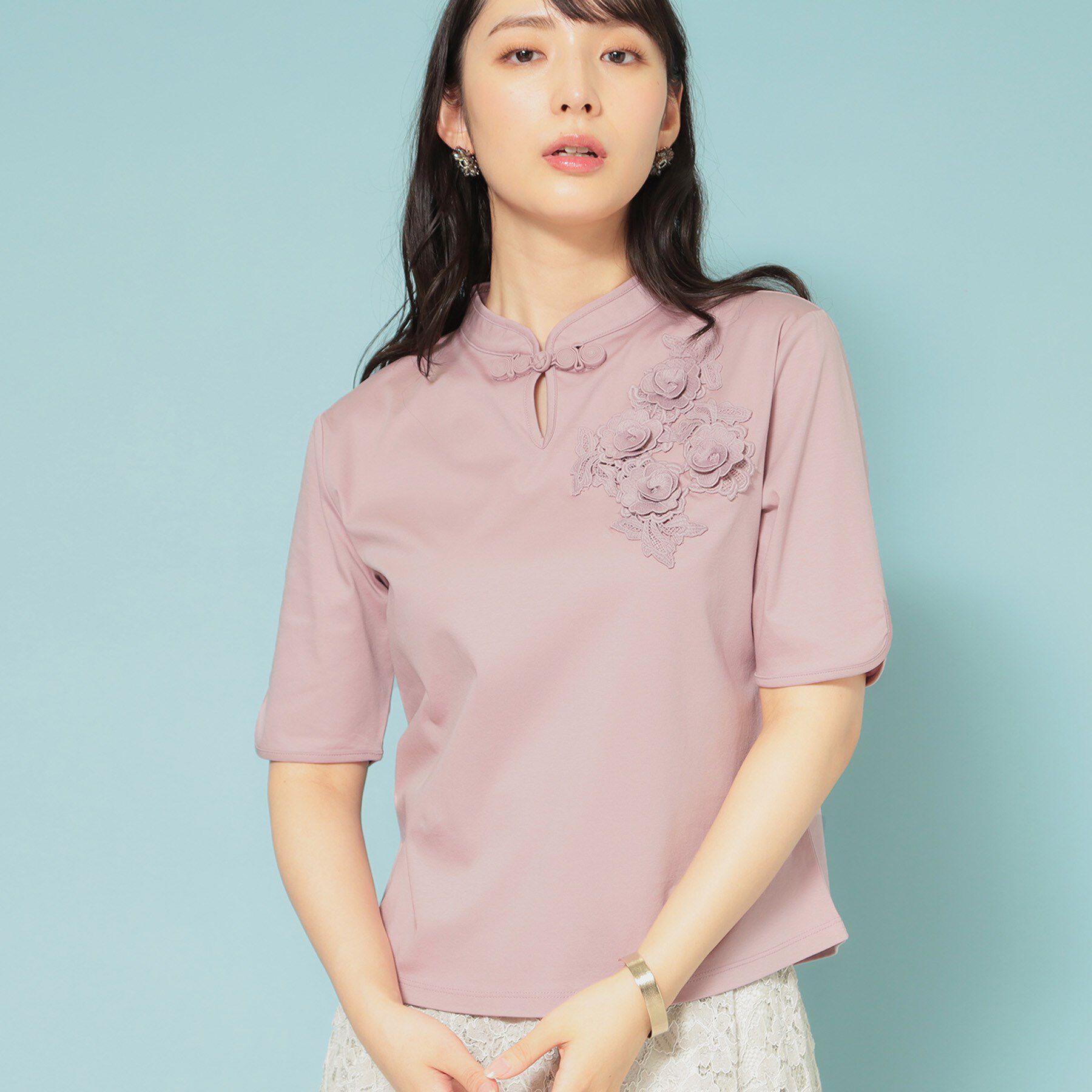 SunaUna「【5分袖／チャイナカラー】半袖プルオーバー」|Tシャツ・カットソー|ピンク(072)