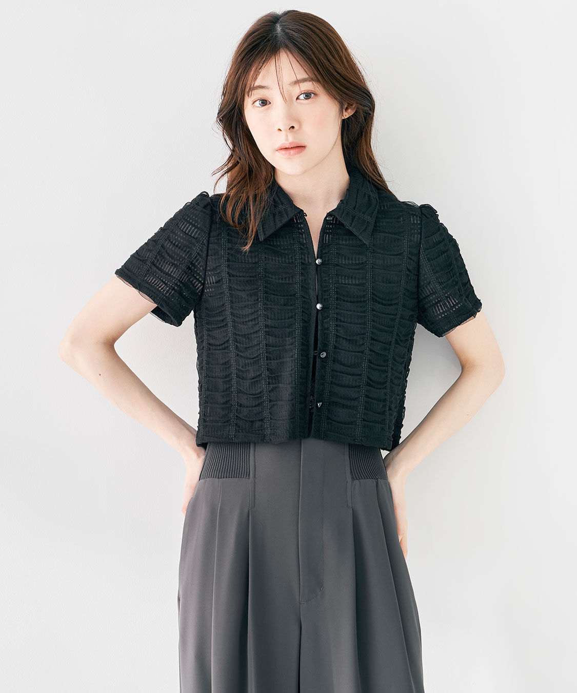 COCO DEAL「シアーチェッククロップド丈シャツ」|シャツ・ブラウス|ブラック