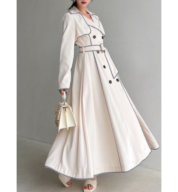 RESEXXY「パイピングデザインロングコート」|トレンチコート|アイボリー