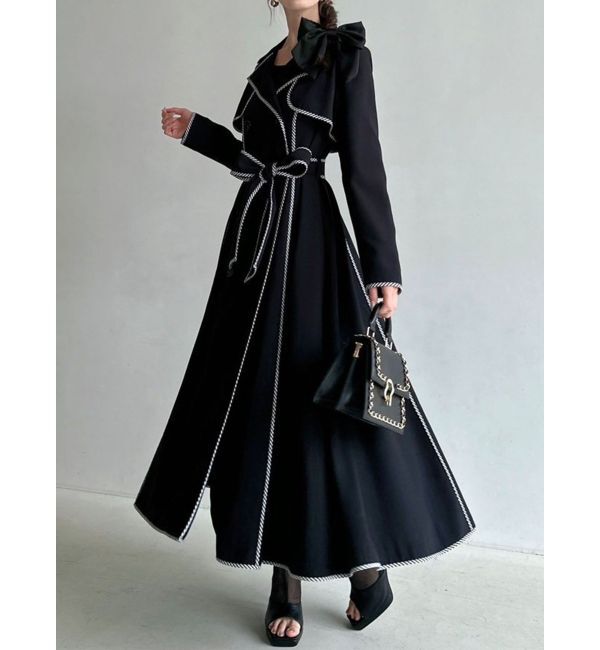 RESEXXY「パイピングデザインロングコート」|トレンチコート|ブラック