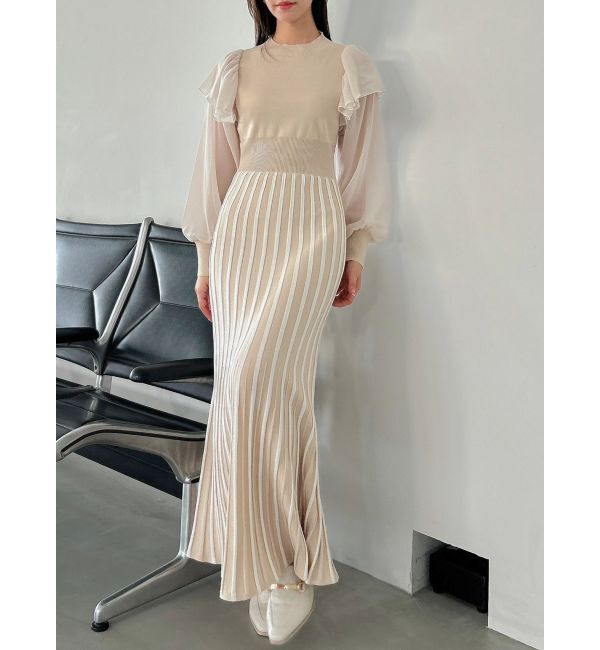 dazzlin「バイカラープリーツニットワンピース」|ワンピース|ベージュ