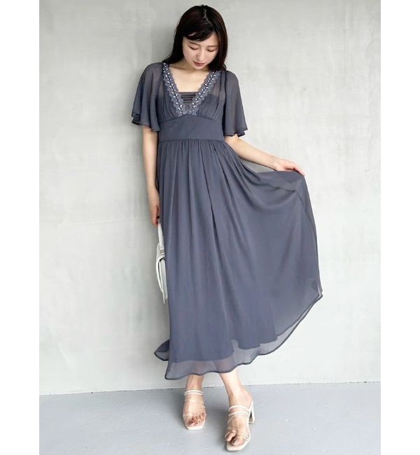 MERCURYDUO「深Vビジューフレアワンピース」|ワンピース|