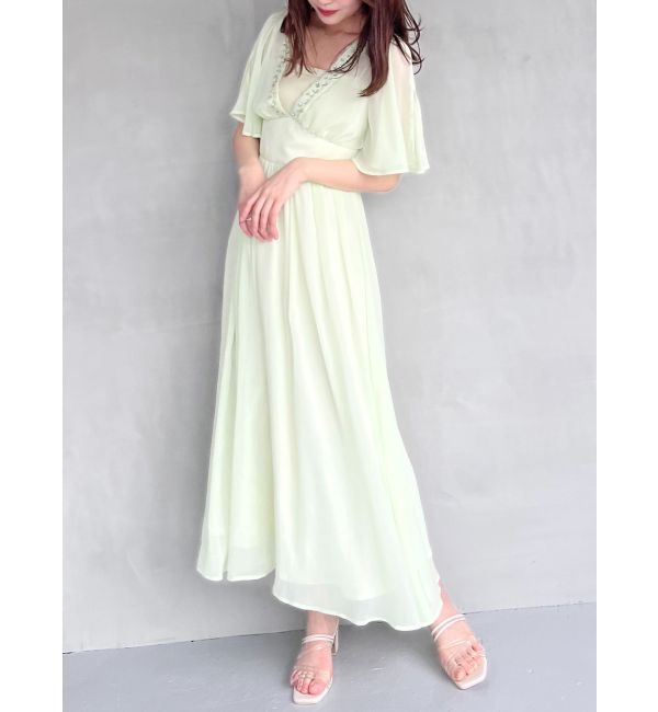 MERCURYDUO「深Vビジューフレアワンピース」|ワンピース|ライム