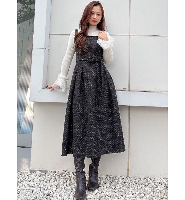 MERCURYDUO「ツイードベルテッドフレアジャンスカ」|ワンピース|