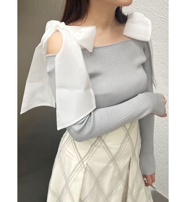 MERCURYDUO「ショルダーリボンロングスリーブニット」|ニット・セーター|ライトグレー