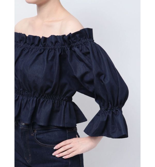 MERCURYDUO「デニム2WAYオフショル五分袖シャーリングブラウス」|シャツ・ブラウス|