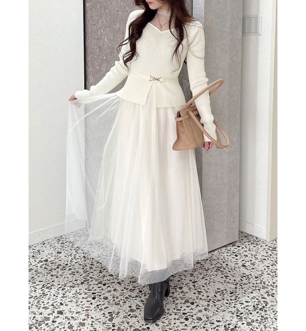 MERCURYDUO「ビットニットドットチュールドッキングワンピース」|ワンピース|