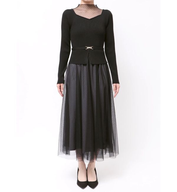 MERCURYDUO「ビットニットドットチュールドッキングワンピース」|ワンピース|