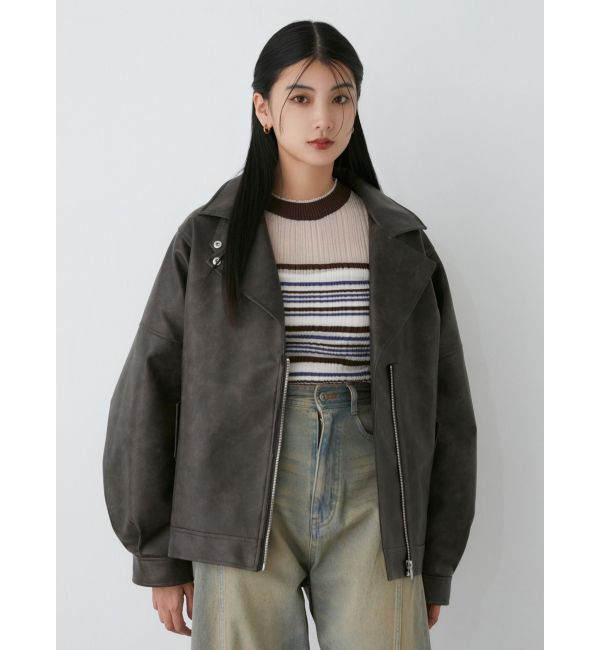 MURUA「ヴィンテージライクフェイクレザーミドルジャケット【セットアップ着用可】」|ブルゾン・スタジャン|