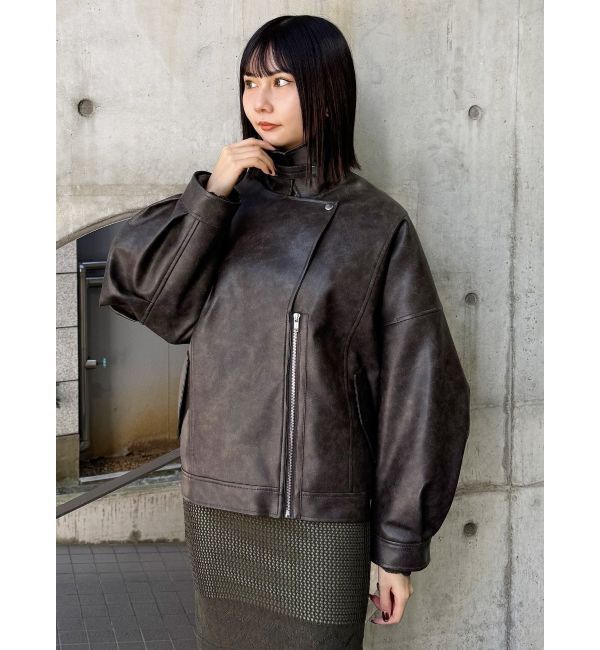 MURUA「ヴィンテージライクフェイクレザーミドルジャケット【セットアップ着用可】」|ブルゾン・スタジャン|