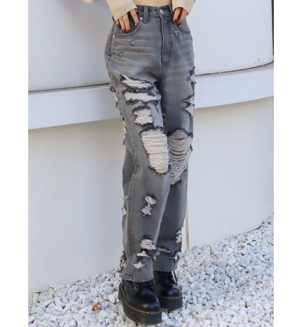 EVRIS「ハイダメージワイドデニムパンツ」|デニム|グレー