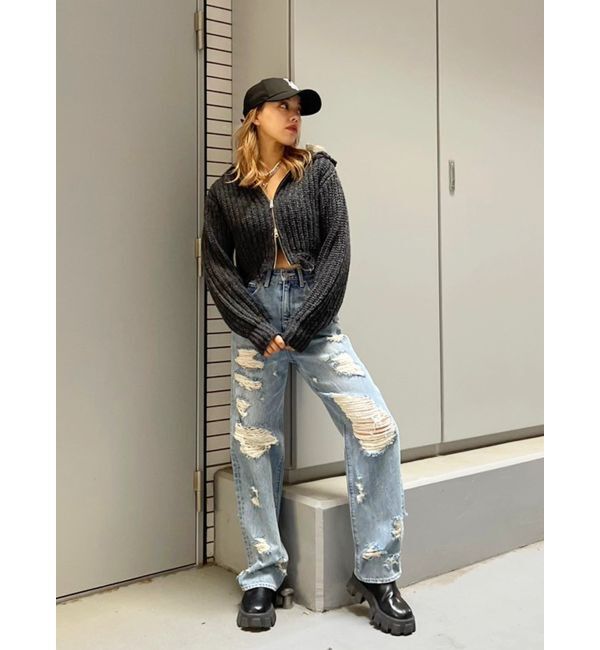 EVRIS「ハイダメージワイドデニムパンツ」|デニム|