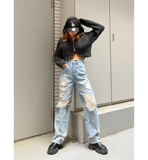 EVRIS「ハイダメージワイドデニムパンツ」|デニム|