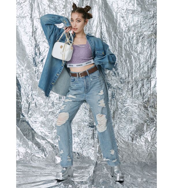 EVRIS「ハイダメージワイドデニムパンツ」|デニム|