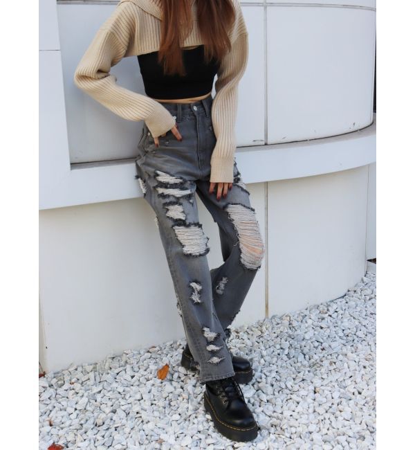 EVRIS「ハイダメージワイドデニムパンツ」|デニム|