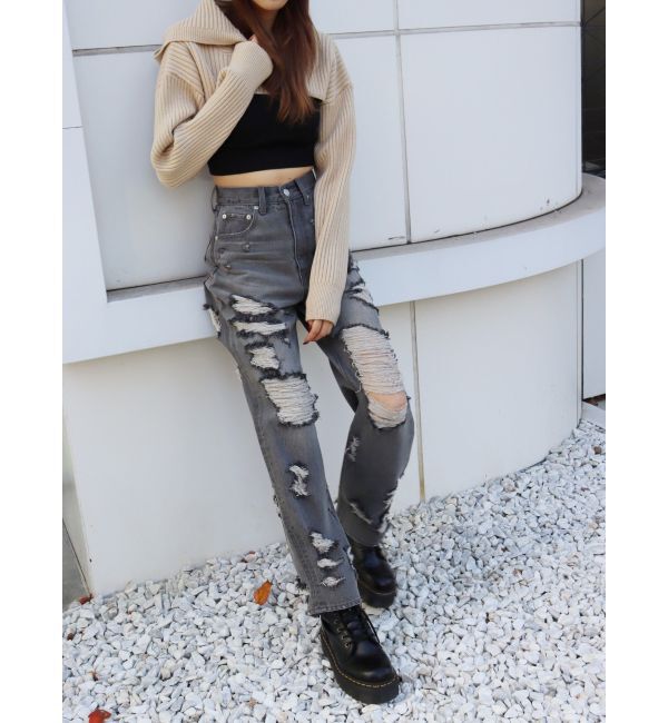 EVRIS「ハイダメージワイドデニムパンツ」|デニム|